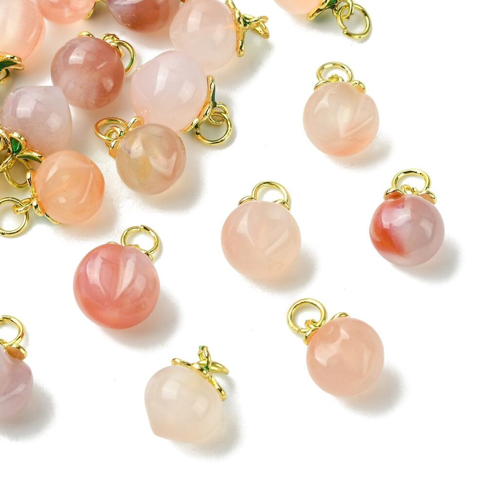1534 10Pcs 2 Styles Natural Agate Peach Charms Pink Gemstone Dangle Fruit